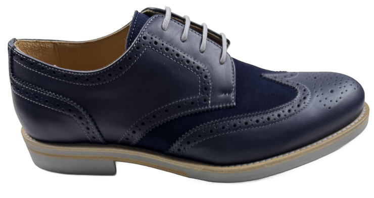 Mens Navy Blue and Grey Leather Wingtip Dress Shoes