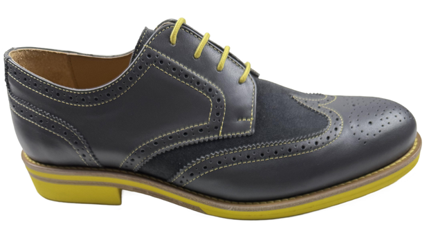 Mens Grey and Yellow Leather Wingtip Dress Shoes