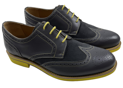 Mens Grey and Yellow Leather Wingtip Dress Shoes