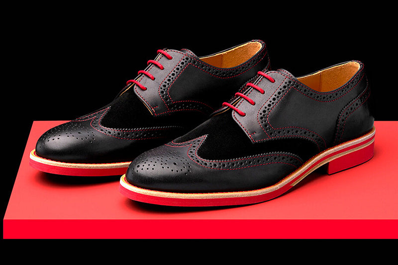 Mens Black Red Leather Wingtip Dress Shoes