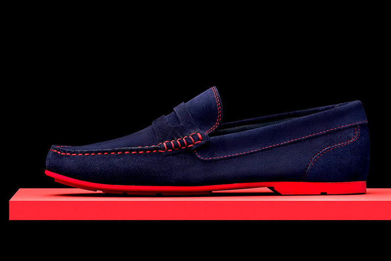 Mens Navy Blue Red Suede Driving Loafers